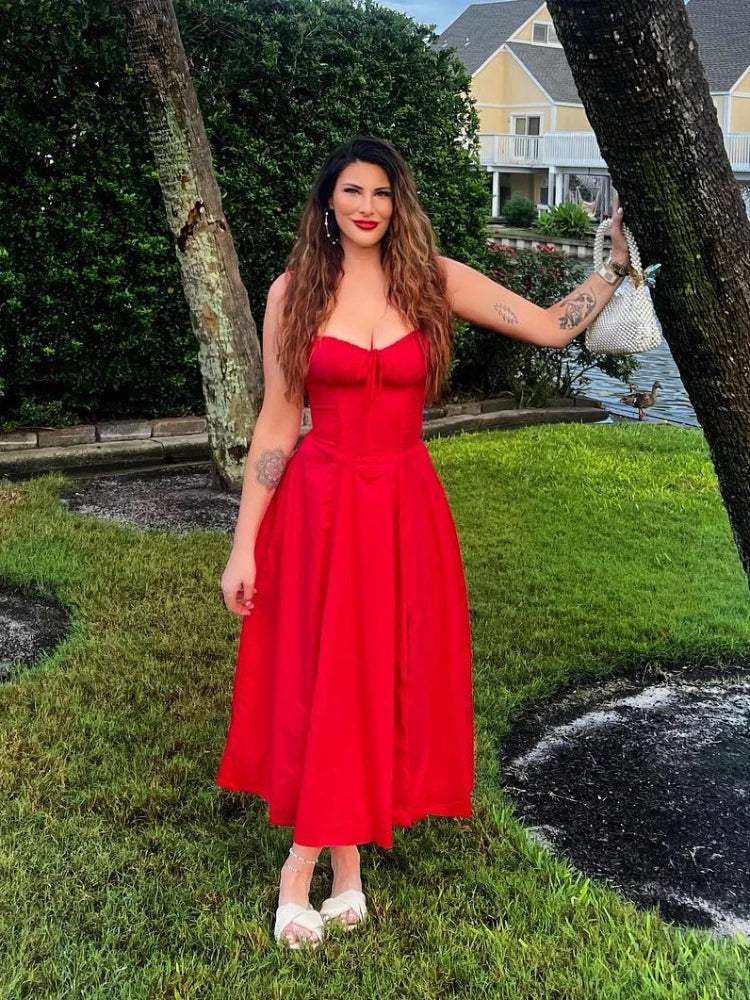 Women's Elegant Lace-Up Corset Midi Dress with Thigh Split