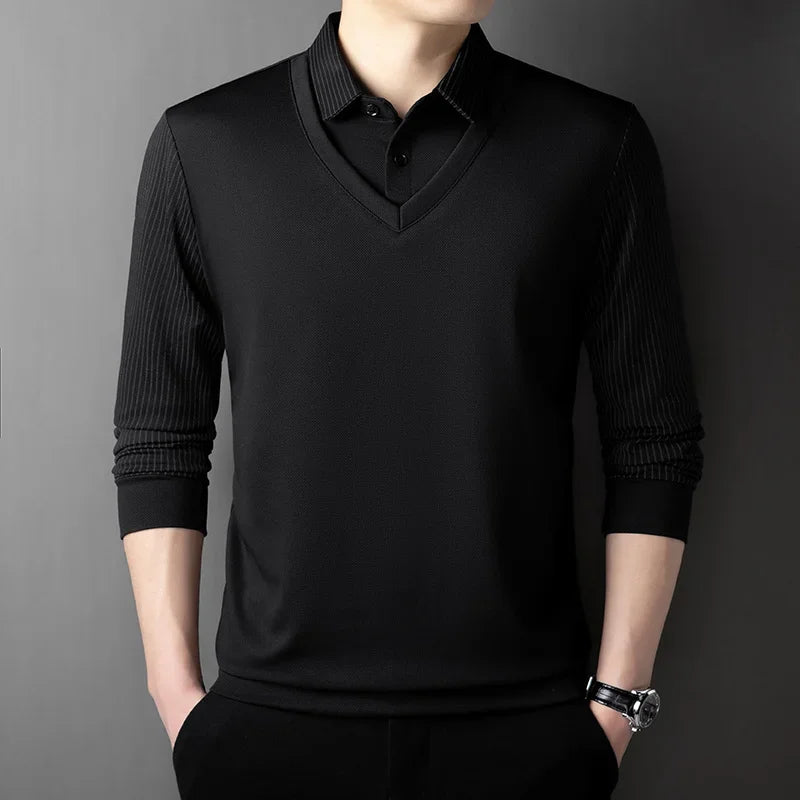 Men’s Long-Sleeve Layered Look Polo Shirt – Business Casual Versatile Top