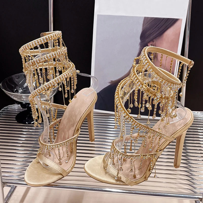 Liyke Golden Crystal Tassel Twining Stiletto Sandals | Wedding & Banquet High Heels