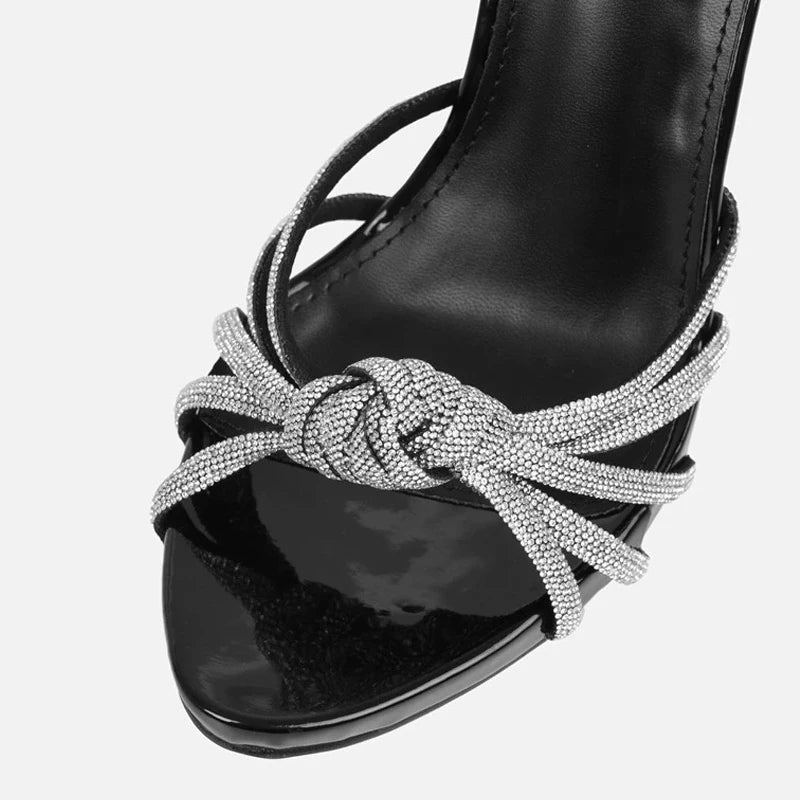 Liyke Silver Crystal Narrow-Band Platform High Heel Sandals for Wedding & Prom
