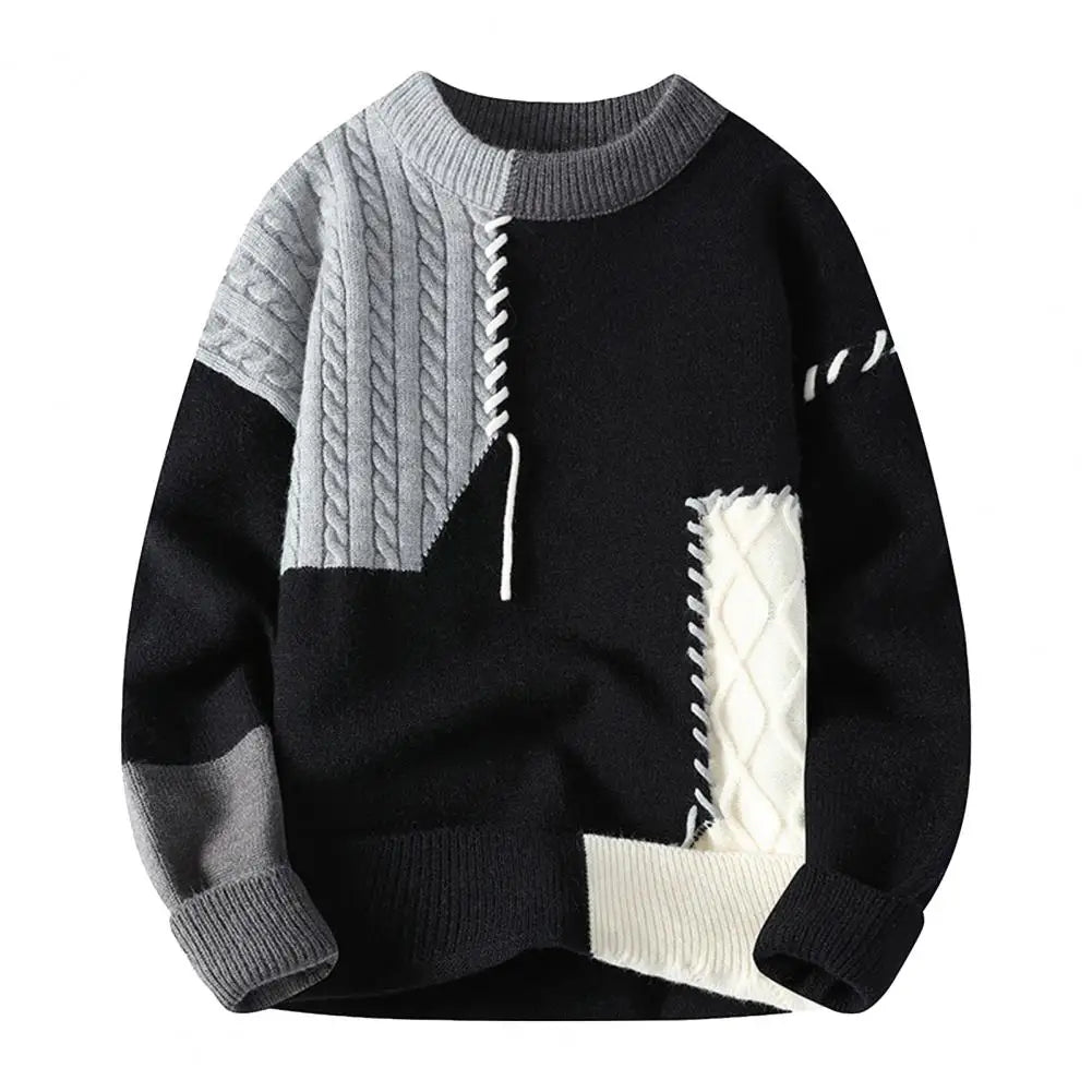 Men Long Sleeve Sweater Men's Winter Colorblock Patchwork Sweater with Irregular Design Round Neck Knit Loose Fit Thick Sport