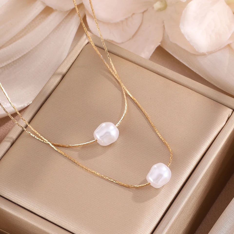 Lumière Chic™ Double-Layer Gold Snake Chain & Imitation Pearl Choker Necklace