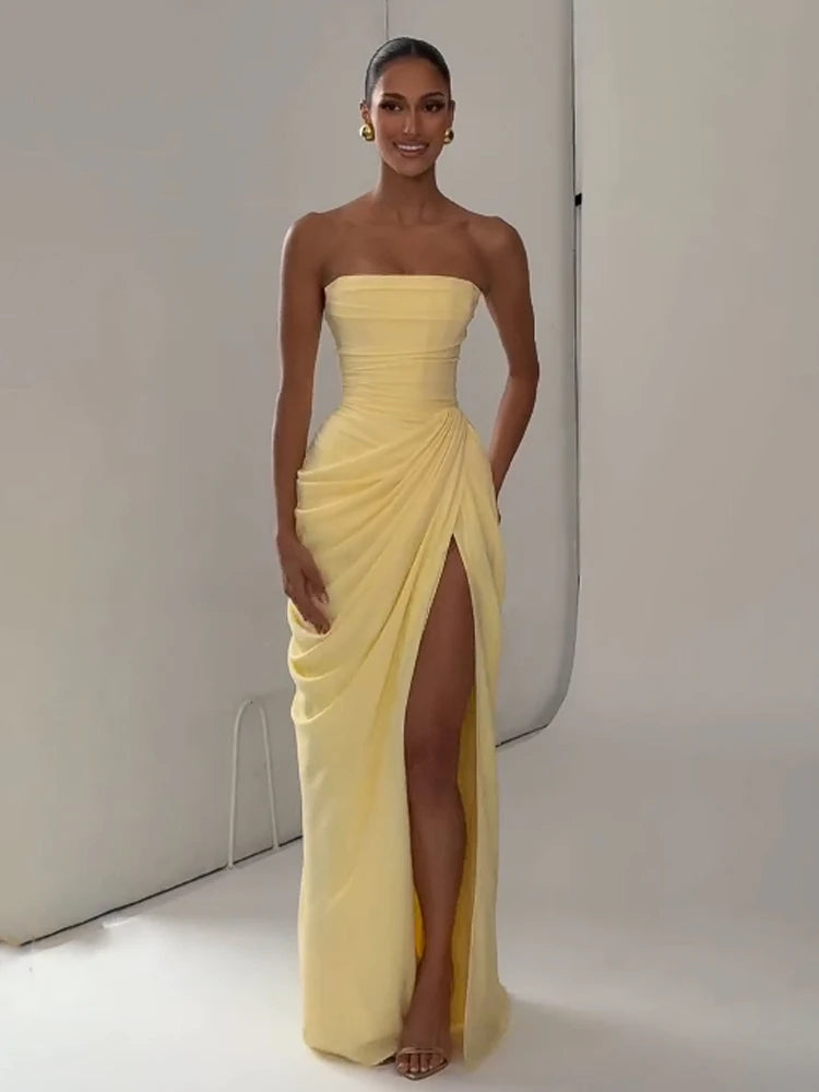 Women's Asymmetrical One-Shoulder Ruched Maxi Dress with Side Slit