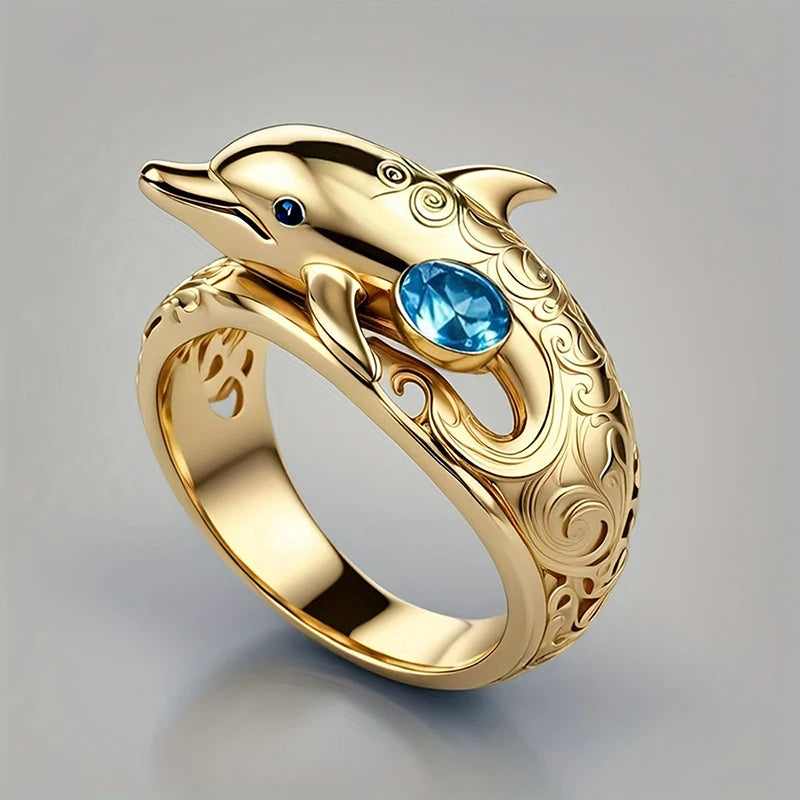 Women's Gold-Tone Dolphin Statement Ring with Blue CZ