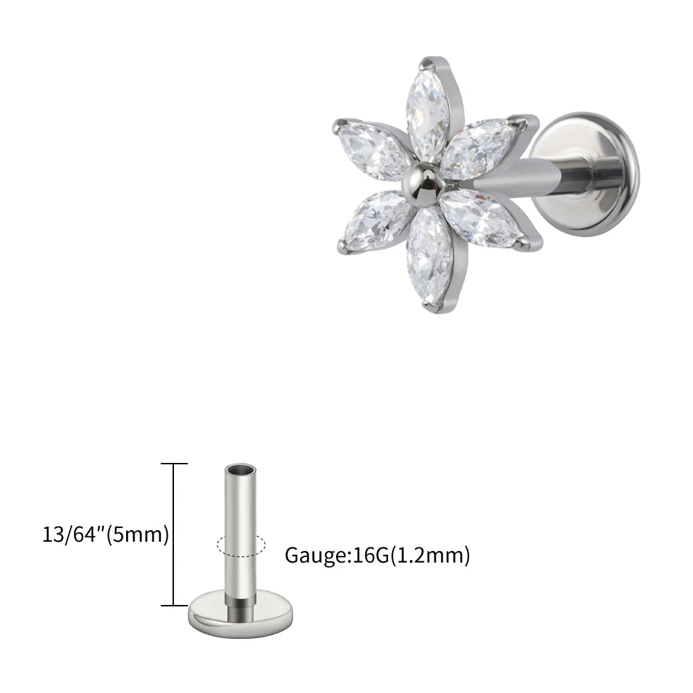 ASTM F136 Titanium 16G Marquise Flower CZ Flat Back Labret Piercing