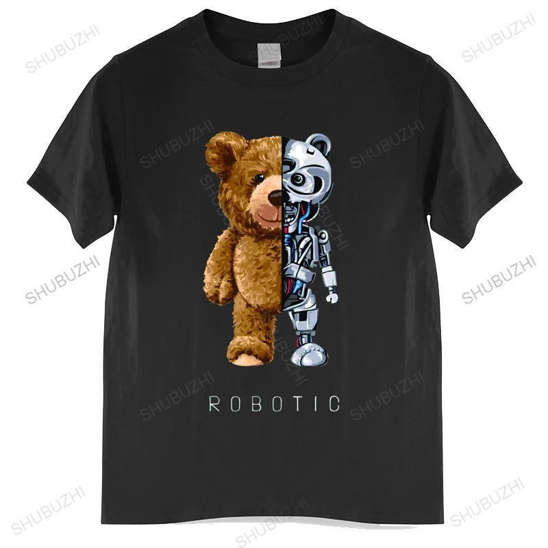 Men’s Robotic Teddy Bear Graphic T-Shirt – 100% Cotton Streetwear Tee