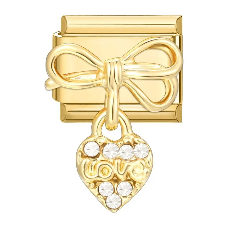 Zircon Heart Bow Butterfly Flowers Gold Color Italian Charm Links Fit 9MM Stainless Steel Bracelet Women Men DIY Making Jewelry