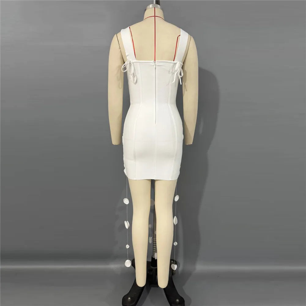 Women's 3D Floral Appliqué & Tassel Bandage Mini Dress