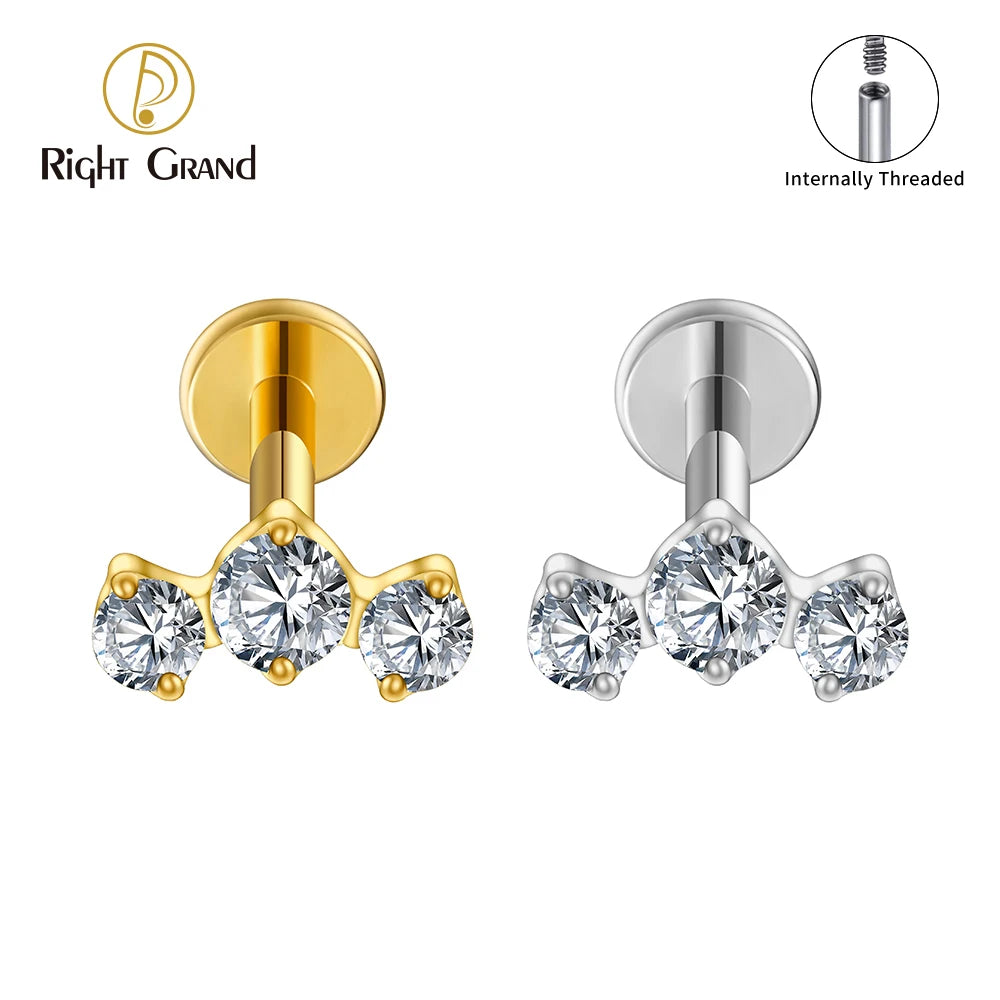 ASTM F136 Titanium 16G Triple CZ Cluster Flat Back Labret Piercing