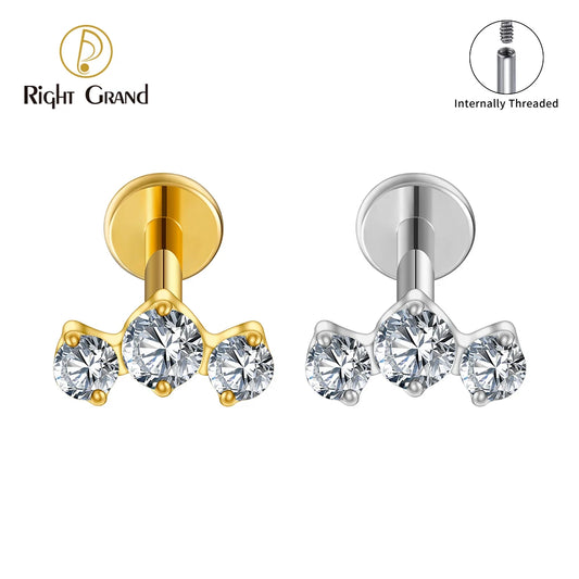 ASTM F136 Titanium 16G Triple CZ Cluster Flat Back Labret Piercing