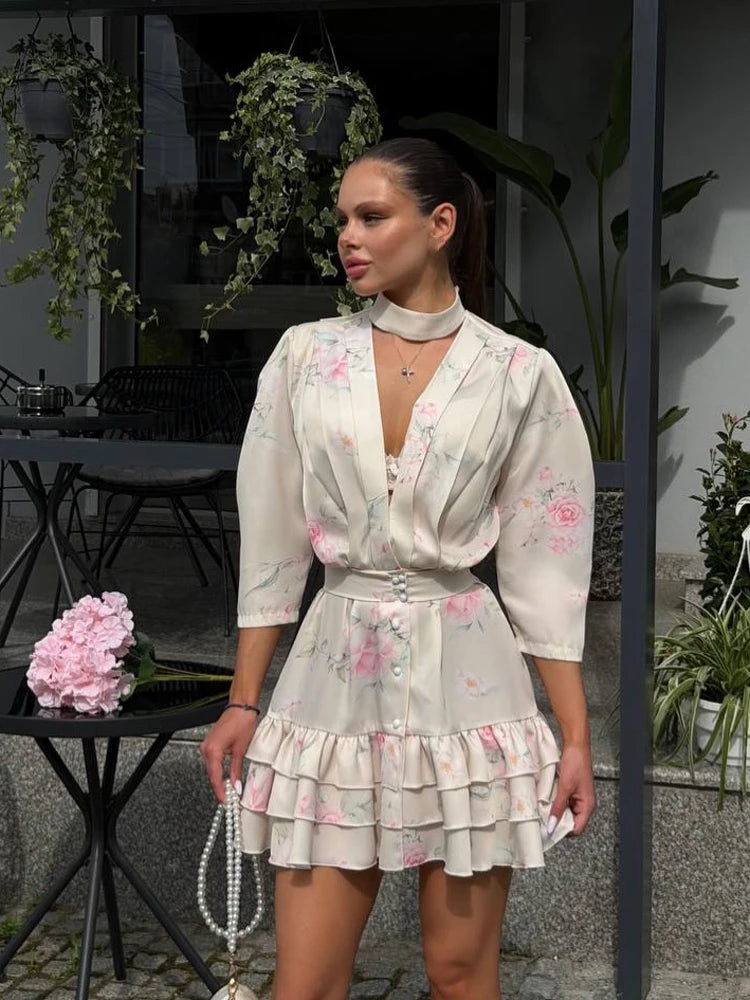 Women's Printed Waistband Puff-Sleeve Satin V-Neck Mini Dress