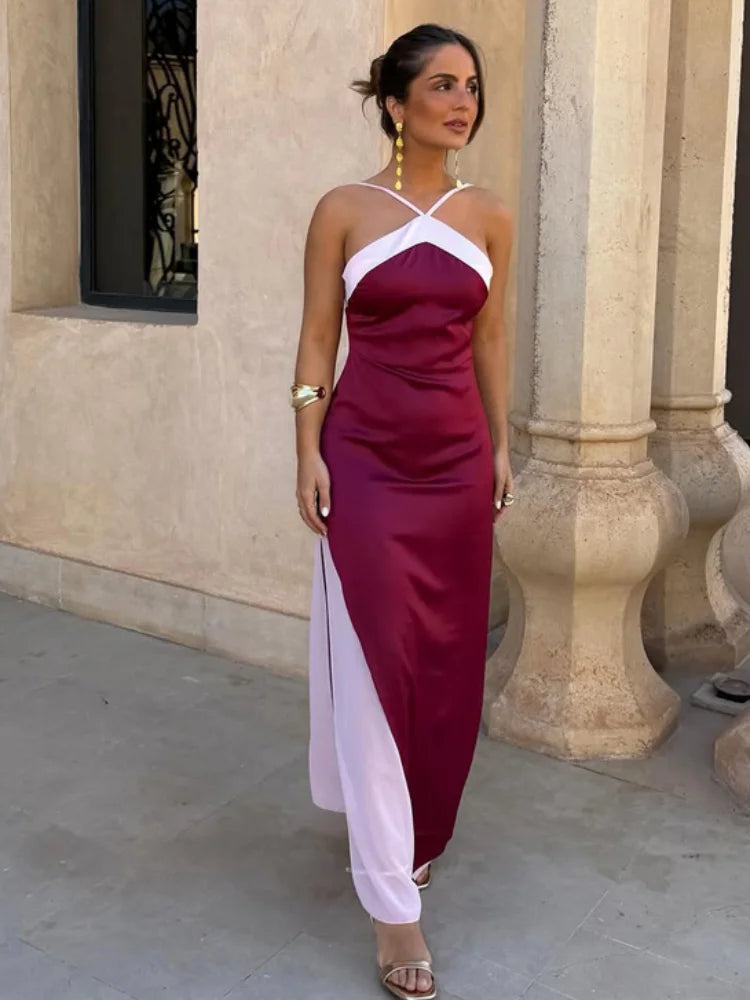 Women's Color-Block Scarf Collar High-Slit Sling Maxi Dress
