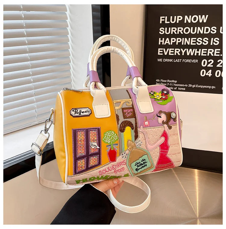 Women's Retro Patchwork Printed PU Leather Shoulder Bag