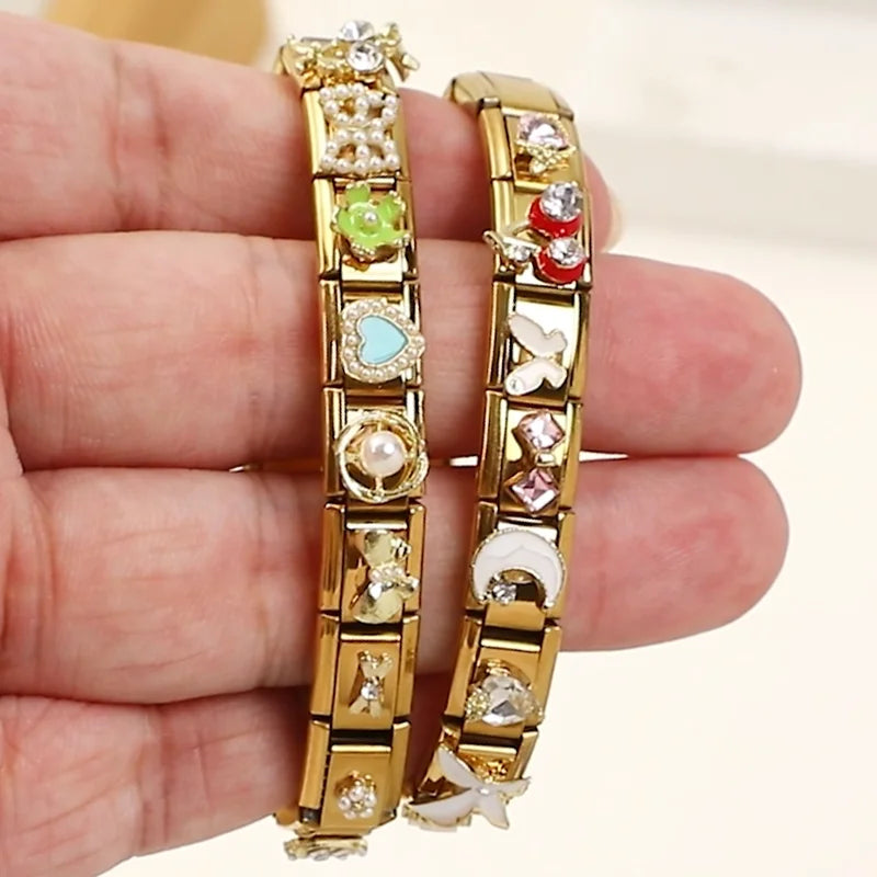 Zircon Heart Bow Butterfly Flowers Gold Color Italian Charm Links Fit 9MM Stainless Steel Bracelet Women Men DIY Making Jewelry