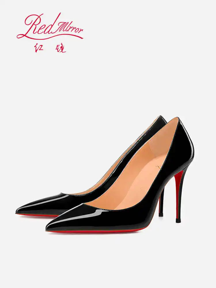 Women's Black Glossy Pointed-Toe Stiletto Pumps with Radiant Red Outsoles