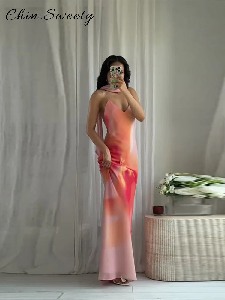 Women's Tie-Dye Print Ribbon V-Neck Sleeveless Sling Maxi Dress