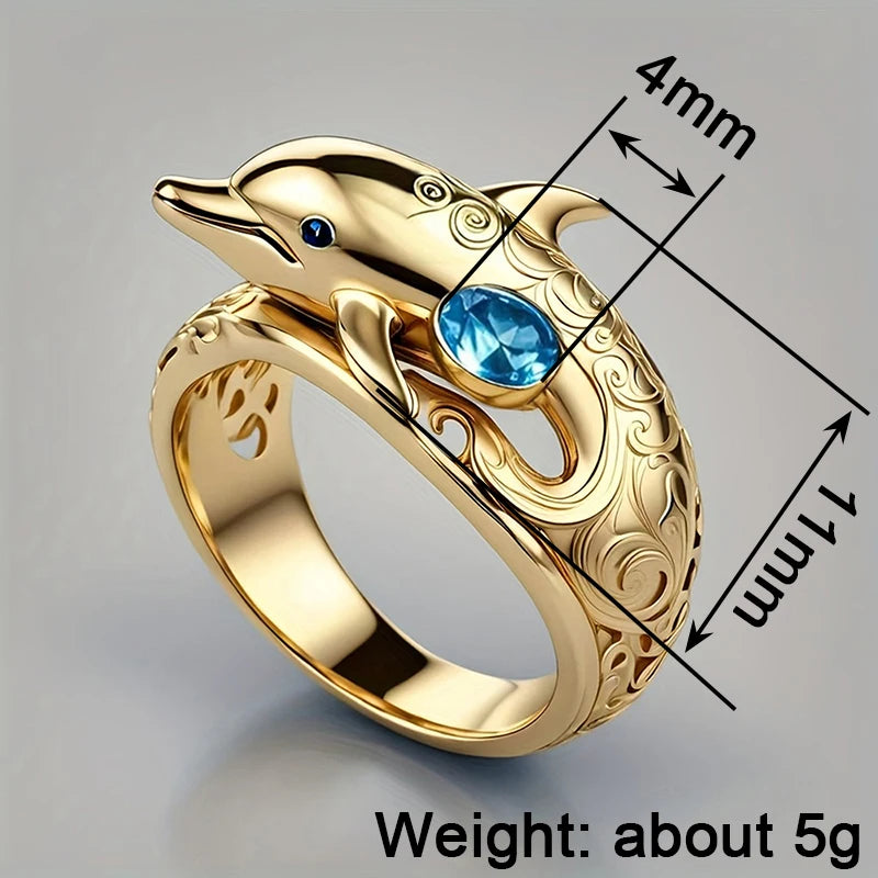 Women's Gold-Tone Dolphin Statement Ring with Blue CZ