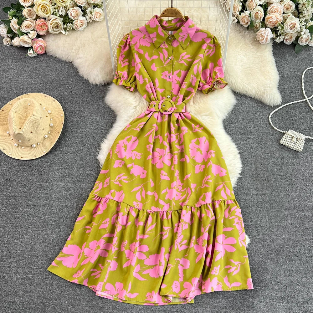 Retro Bubble Sve  Collar Slim Fit Midi Dr Floral Print ort Sve Women's Korean Sle Commute High Waist irt D...