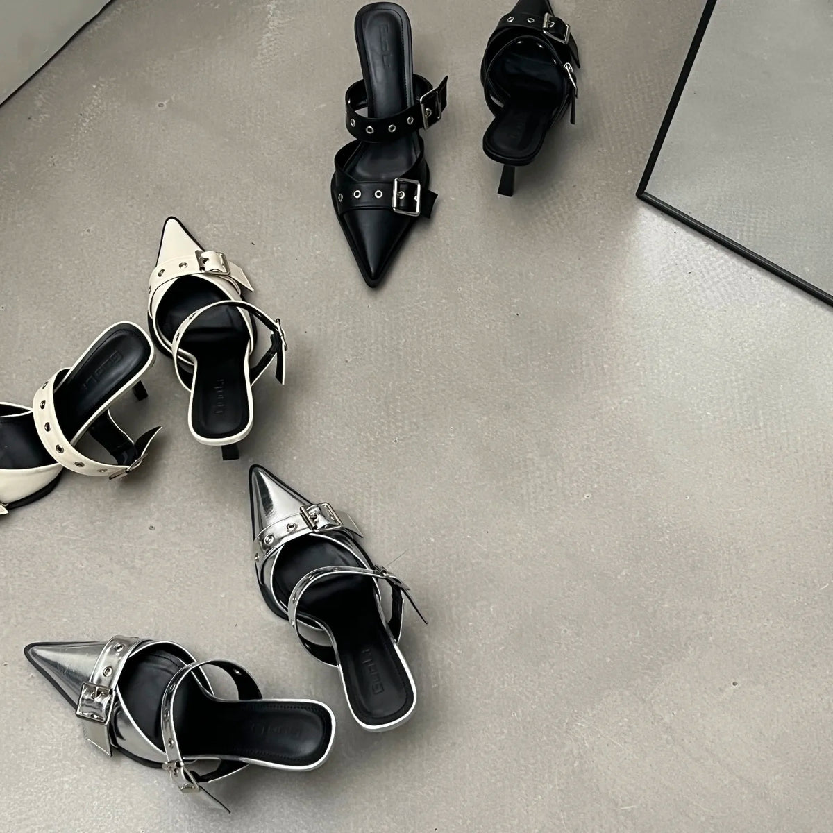Women's Summer Pointed-Toe Silver Slingback Heels with Belt Buckle Accent