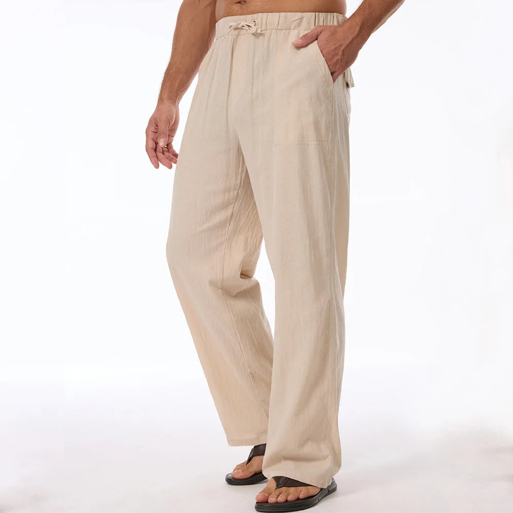Men's Cotton Linen Elastic Waist Straight-Leg Pants