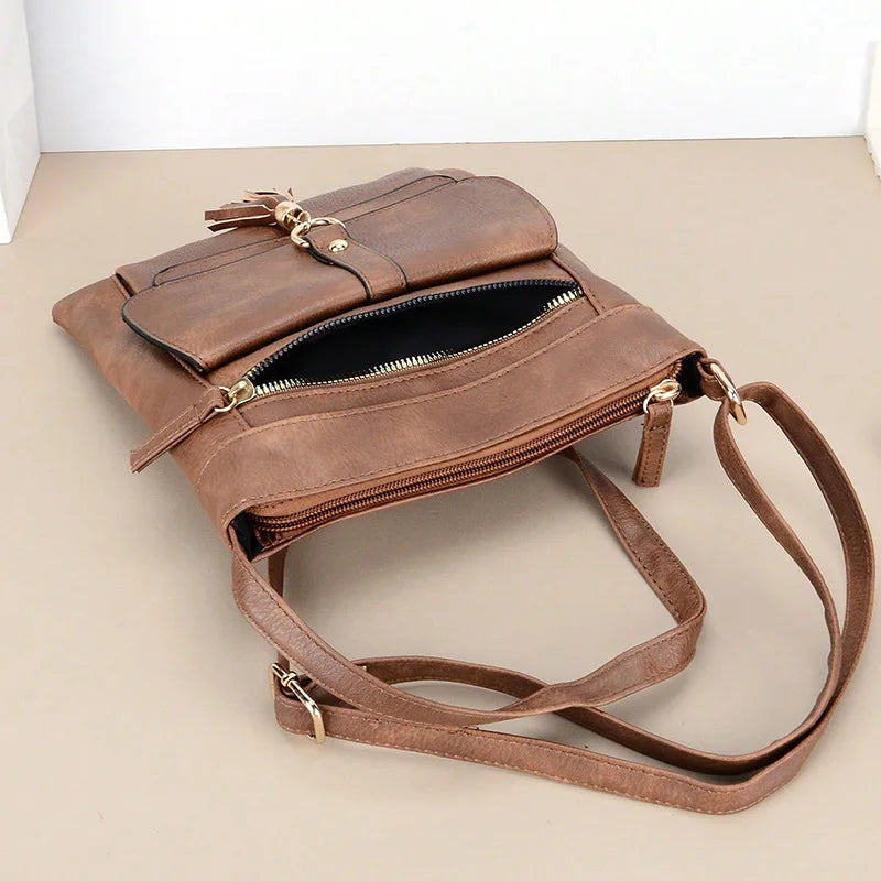 Women's Vintage Square Crossbody Bag with Tassel & Adjustable Strap
