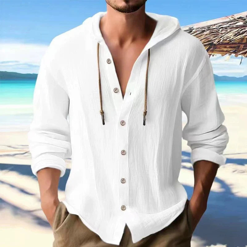 Men's Loose Cotton-Linen Long-Sleeve Hooded Shirt