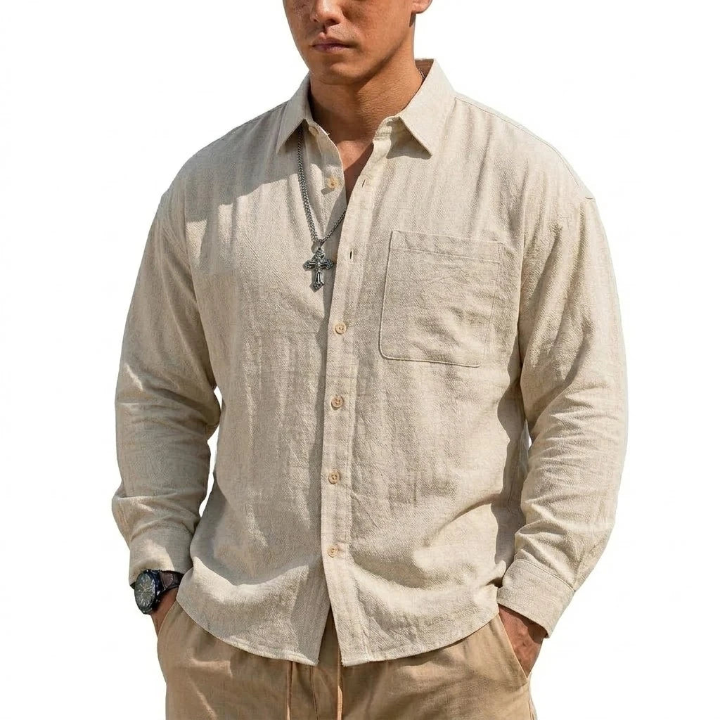 Men's Breathable Cotton-Linen Long Sleeve Button-Down Shirt