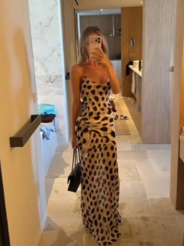 Women's Animal Print V-Neck Ruched Drawstring Slip Maxi Dress