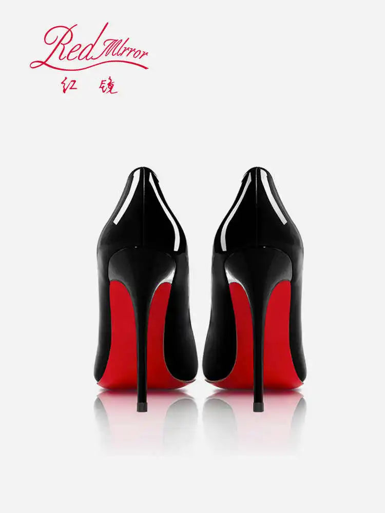 Women's Black Glossy Pointed-Toe Stiletto Pumps with Radiant Red Outsoles