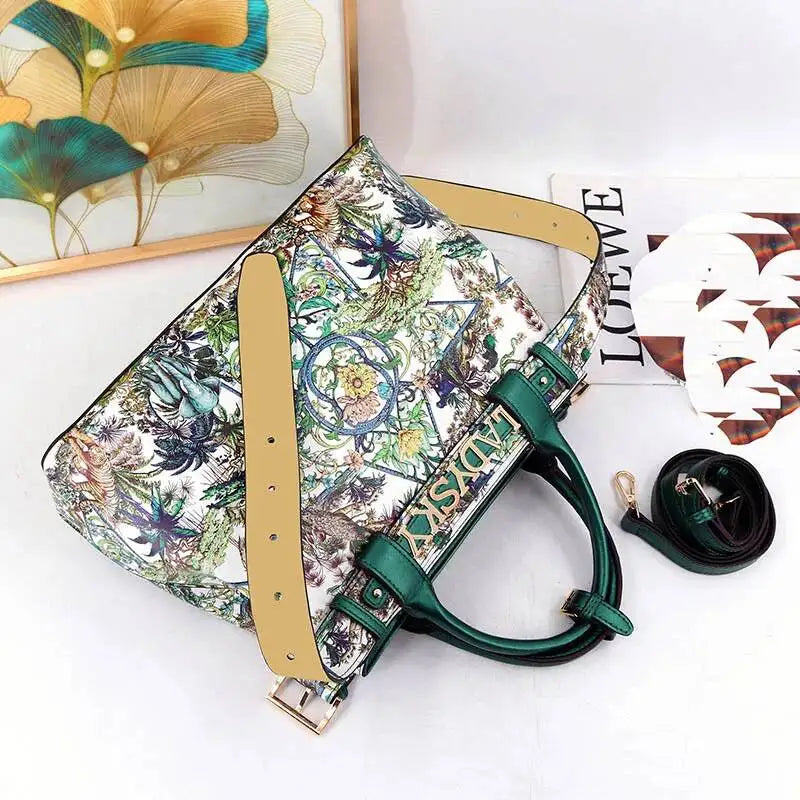 Women's Jungle Pattern Large Capacity Crossbody & Shoulder Bag with Logo Belt