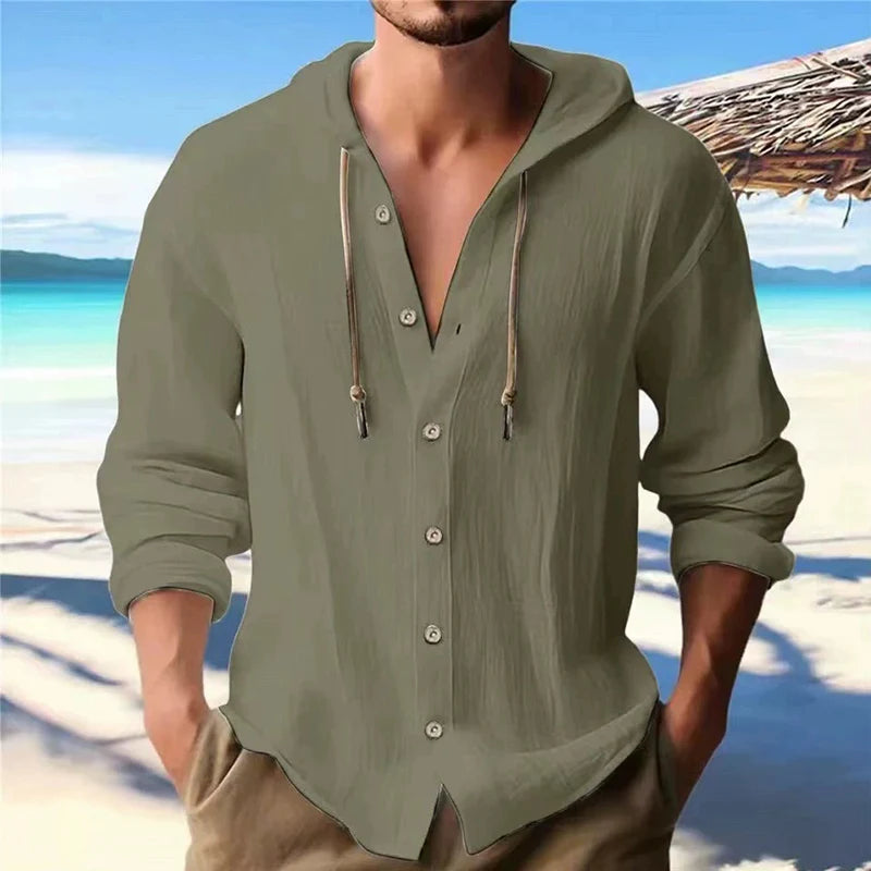 Men's Loose Cotton-Linen Long-Sleeve Hooded Shirt