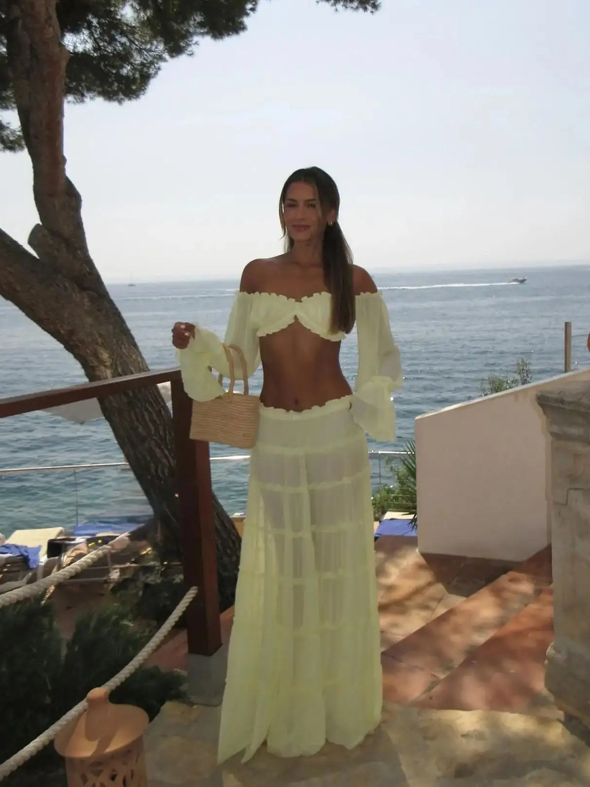 Women's Two-Piece Ruffle Off-The-Shoulder Bandeau & High-Waisted Maxi Skirt Beach Set