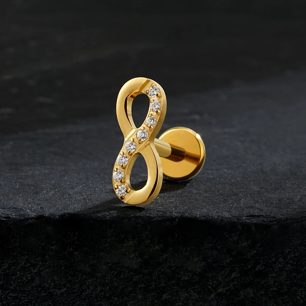 Right Grand ASTM F136 Titanium CZ Infinity Symbol Stud Earring 16G Cartilage Helix Tragus Stud Flat Back Labret Piercing Jewelry