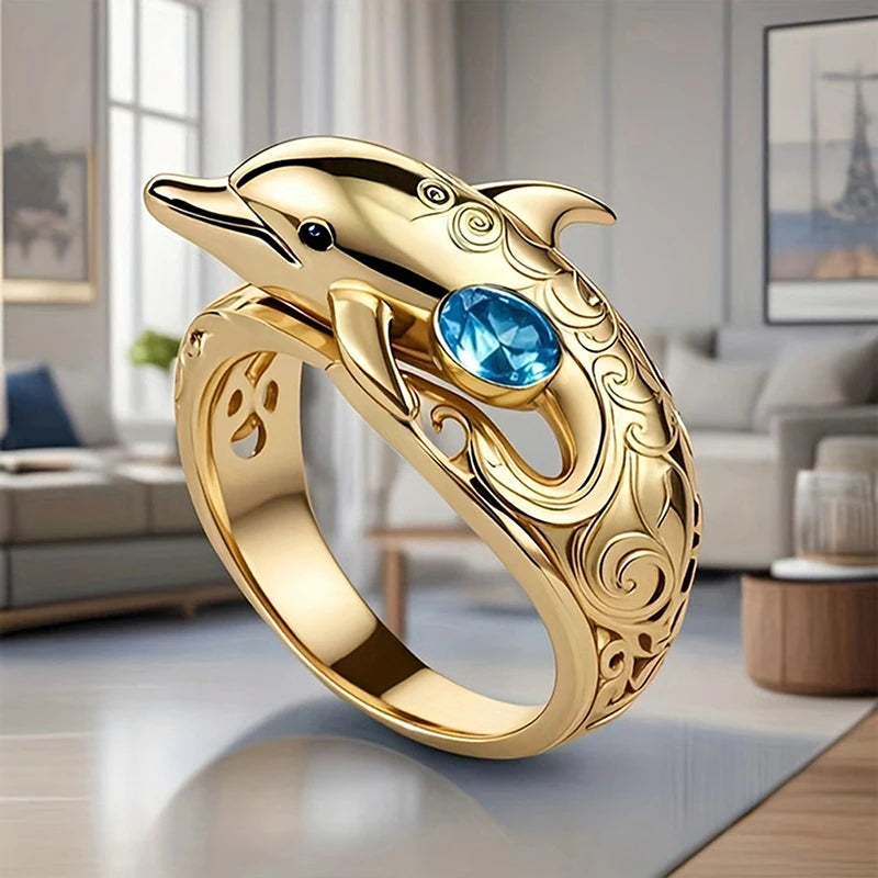 Women's Gold-Tone Dolphin Statement Ring with Blue CZ