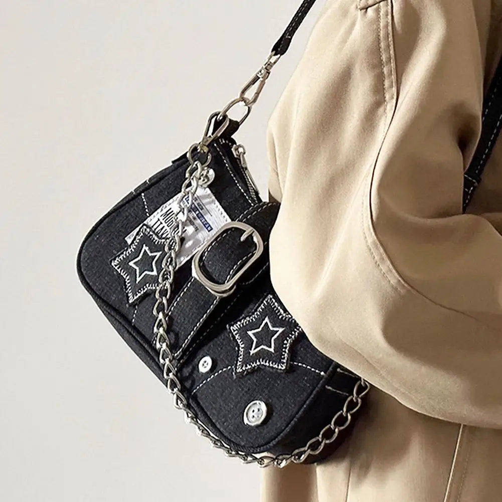 Y2K Denim Star Pattern Rivet Shoulder & Armpit Bag
