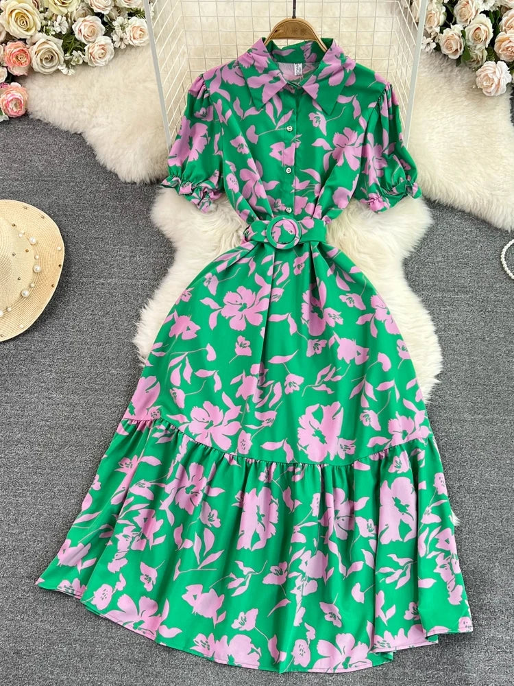 Retro Bubble Sve  Collar Slim Fit Midi Dr Floral Print ort Sve Women's Korean Sle Commute High Waist irt D...
