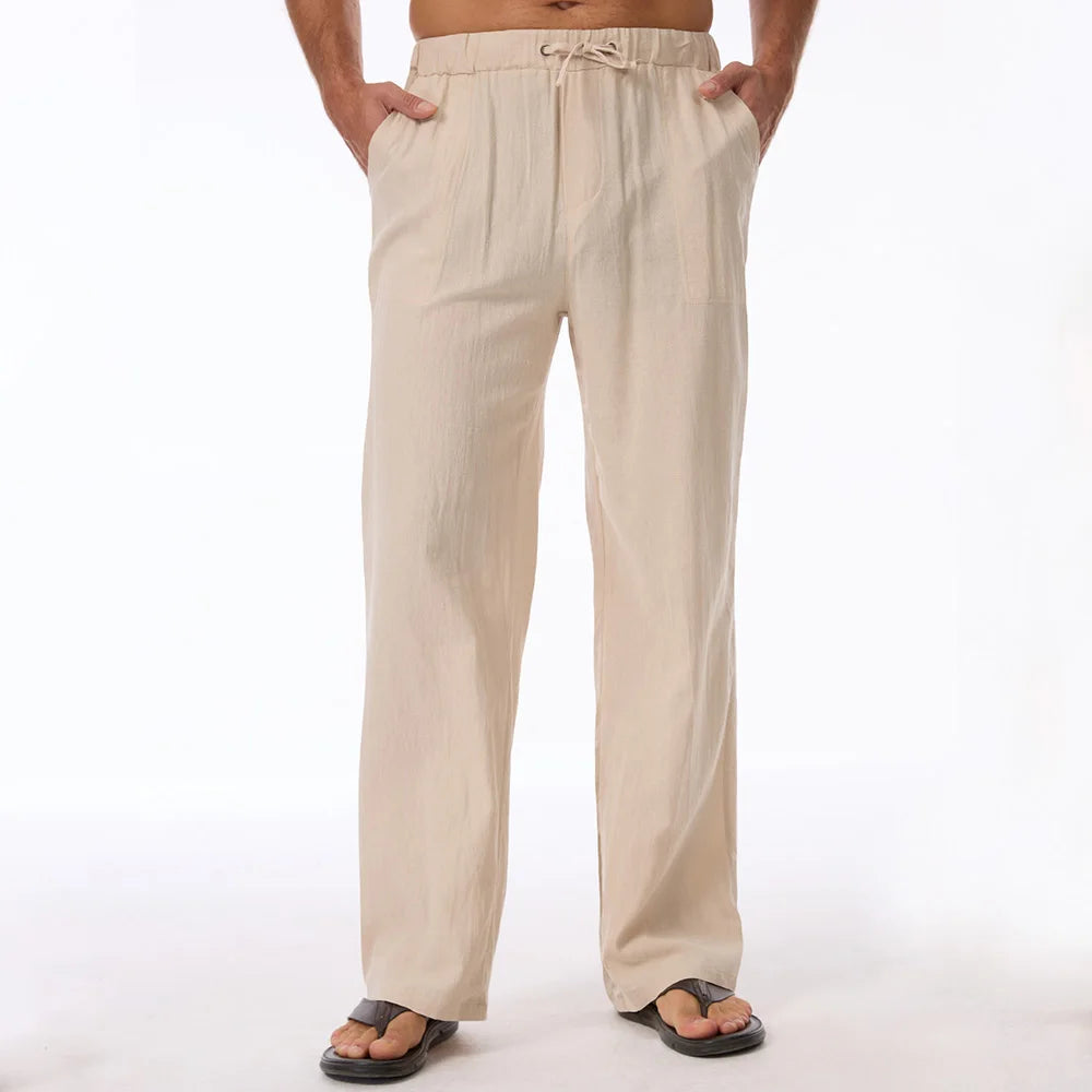 Men's Cotton Linen Elastic Waist Straight-Leg Pants