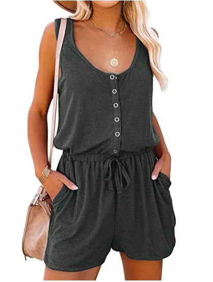 European and American Women's Summer Cross-Border New Sleeveless Jumpsuit Waist Casual Loose Wide Leg Shorts