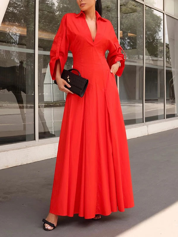 Women's Elegant A-Line Collared Maxi Shirt Dress