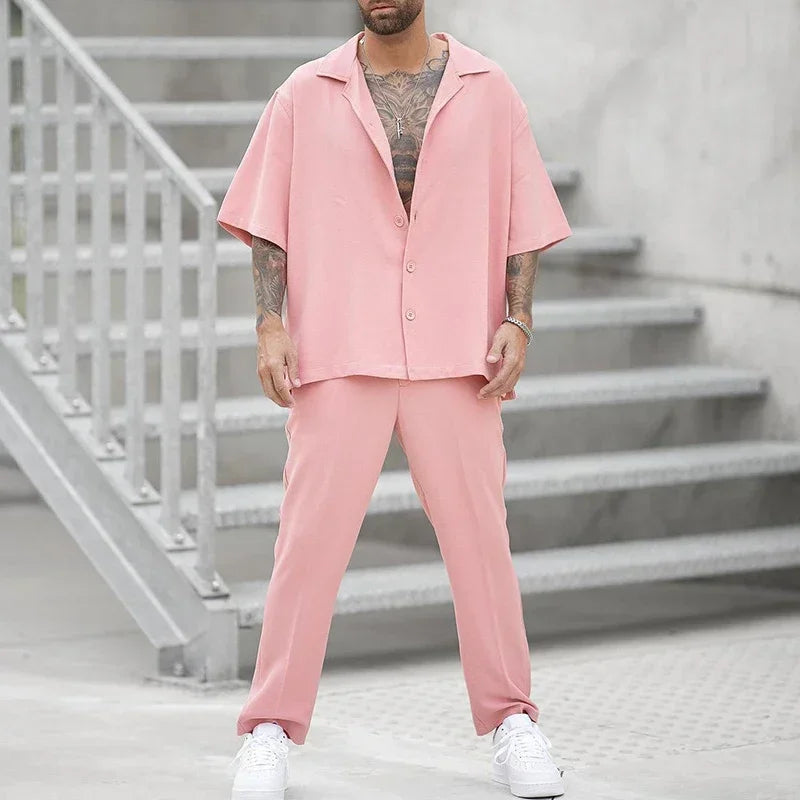 Men’s 2-Piece Short-Sleeve Shirt & Pants Set – Casual Loose Fit Leisure Suit