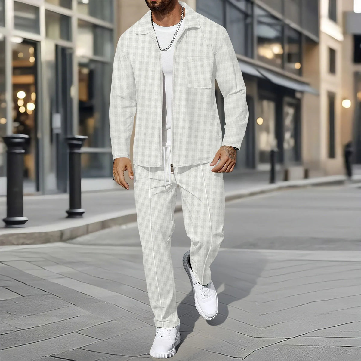 Men's Waffle-Knit Zip Front Lapel Cardigan & Pants Set