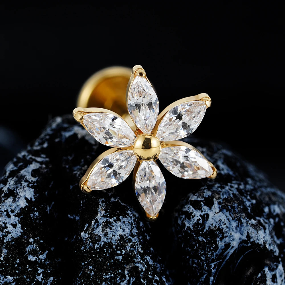 ASTM F136 Titanium 16G Marquise Flower CZ Flat Back Labret Piercing