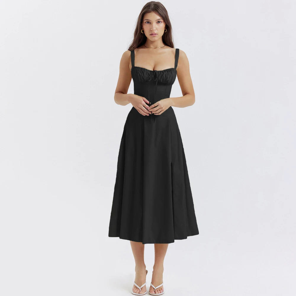 Women's Elegant Lace-Up Corset Midi Dress with Thigh Split