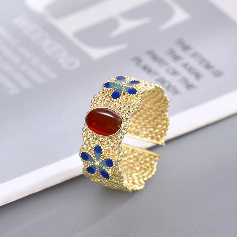 Huitan Luxury Gold Color Blue Flowers Opening Rings with Red Stone for Women Wedding Party Temperament Lady Accessories Jewelry