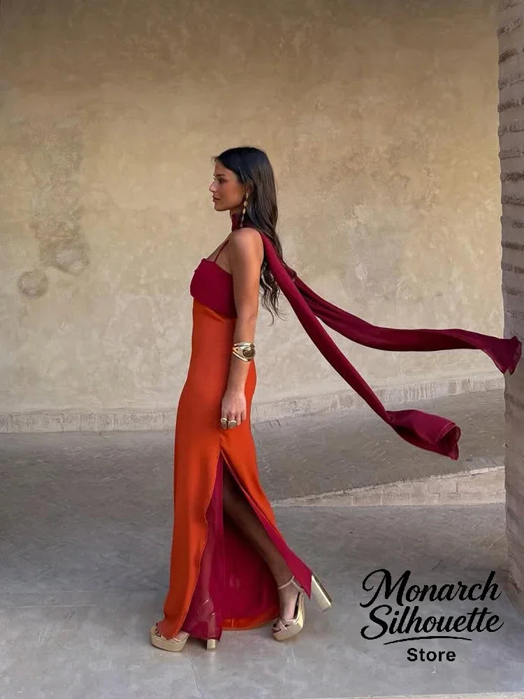 Women's Color-Block Scarf Collar High-Slit Sling Maxi Dress