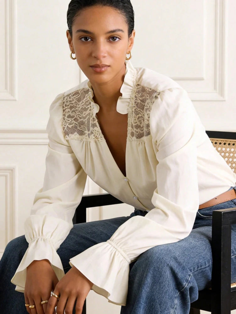 Fall 2026 New Arrival: Elegant Women's Patchwork Lace Long-Sleeve Shirt for Everyday Wear and Lounging at Home