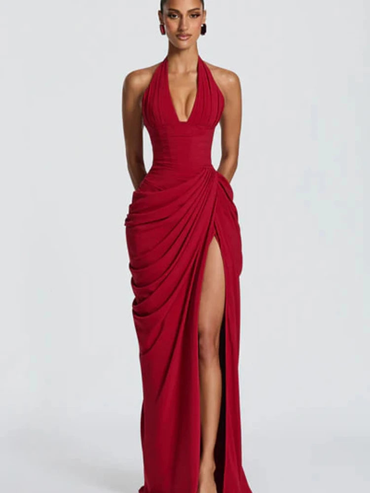 Women's Asymmetrical One-Shoulder Ruched Maxi Dress with Side Slit
