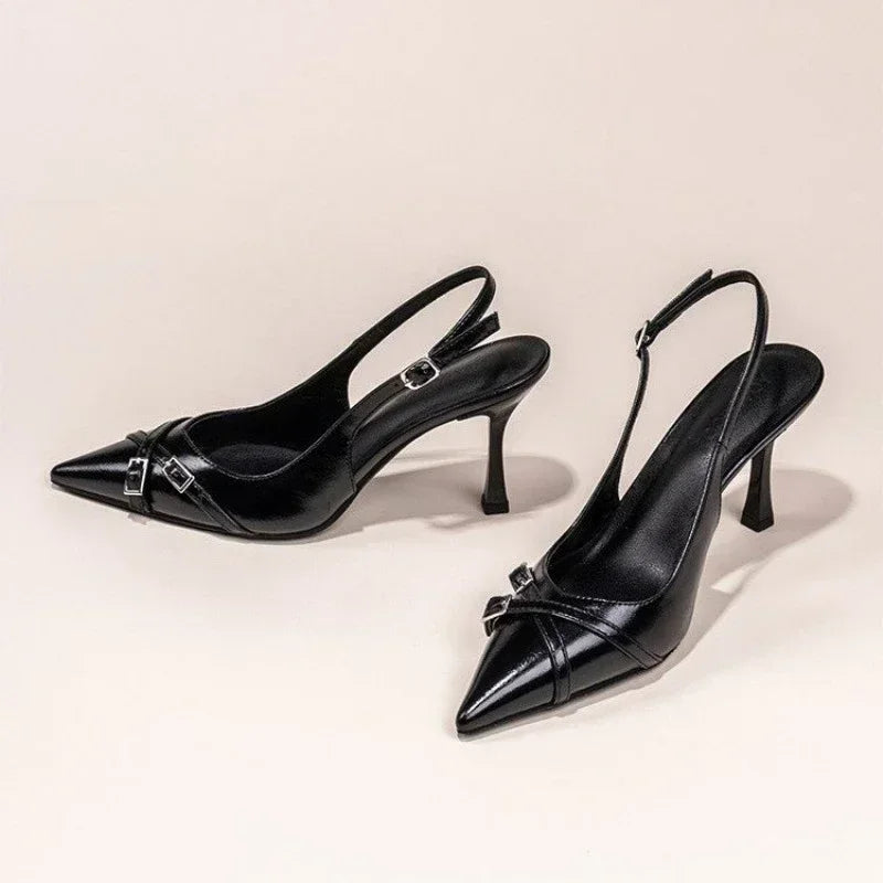 Women's Summer Pointed-Toe Black Stiletto Heels with Decorative Buckle