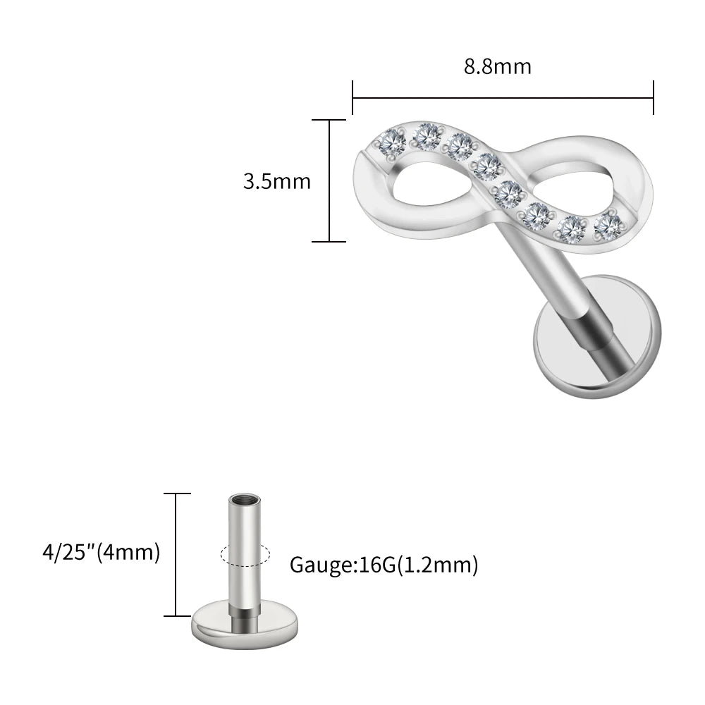 Right Grand ASTM F136 Titanium CZ Infinity Symbol Stud Earring 16G Cartilage Helix Tragus Stud Flat Back Labret Piercing Jewelry