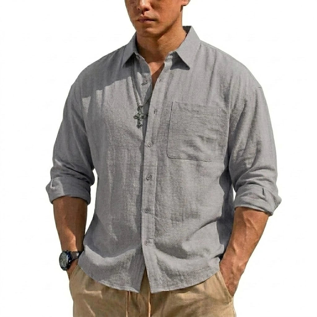 Men's Breathable Cotton-Linen Long Sleeve Button-Down Shirt